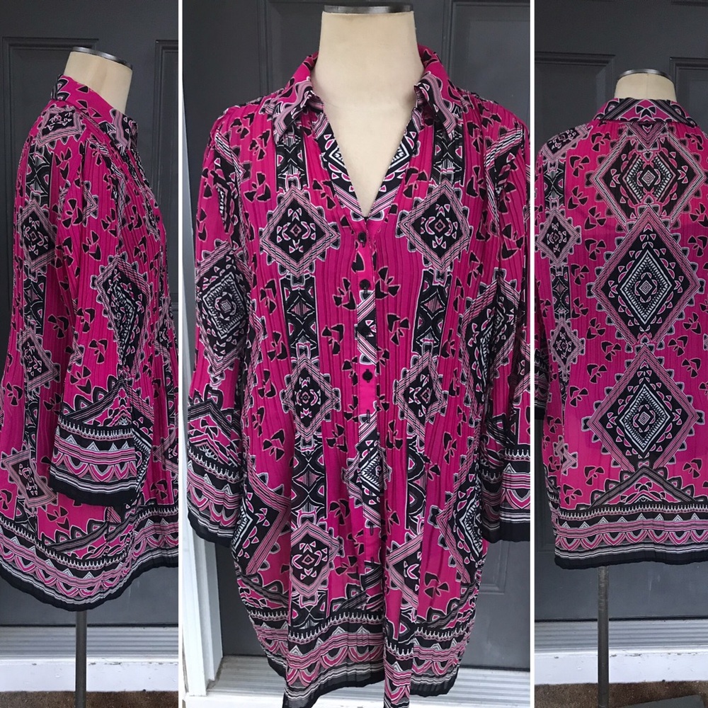 Boho Pink and Black Pleated Button-Up